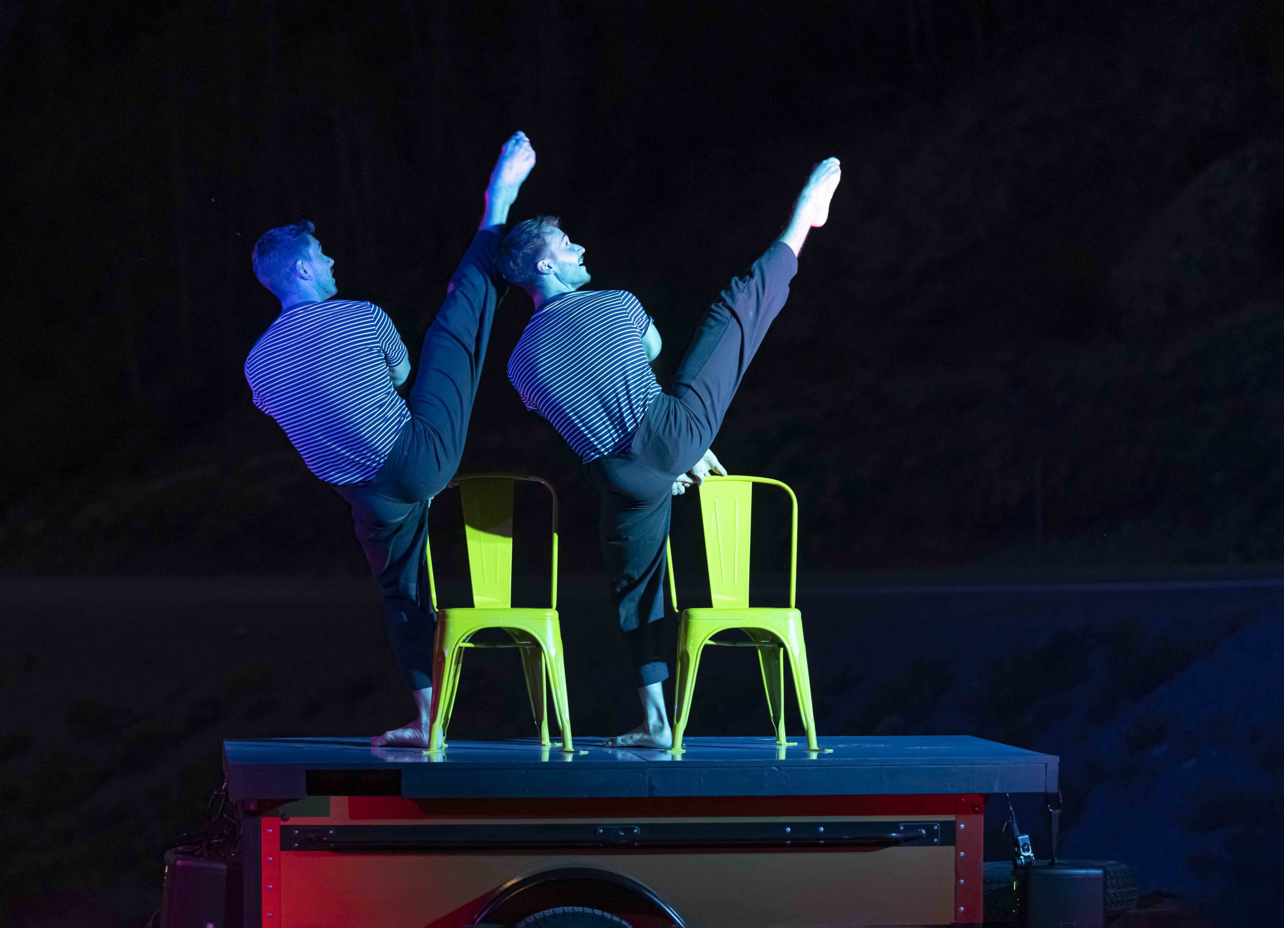 Two dancers with striped shirts extending their legs as they lean off chairs