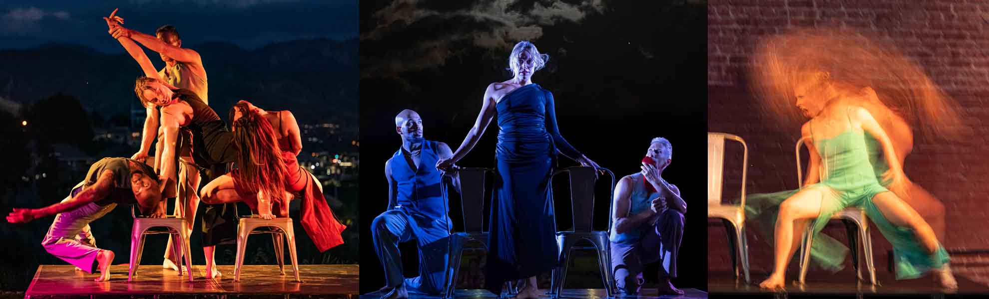 Three photos of dancers: a quartet in red light; a trio against a night sky; and a solo in time-lapse with wild hair.